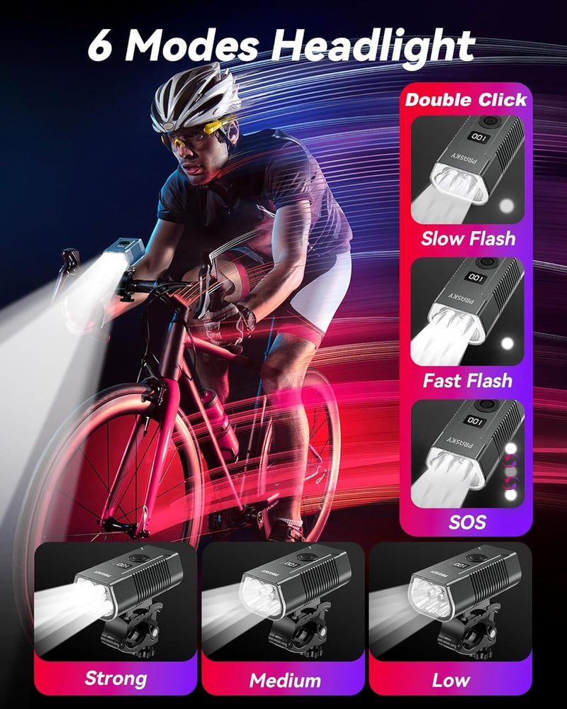Prasky Bike Lights for Night Riding, USB Rechargeable Mountain Bicycle Headlight, Super Bright, Waterproof, 6+4 Light Modes Bike Light Set for Cyclists and Commuters - Image 2